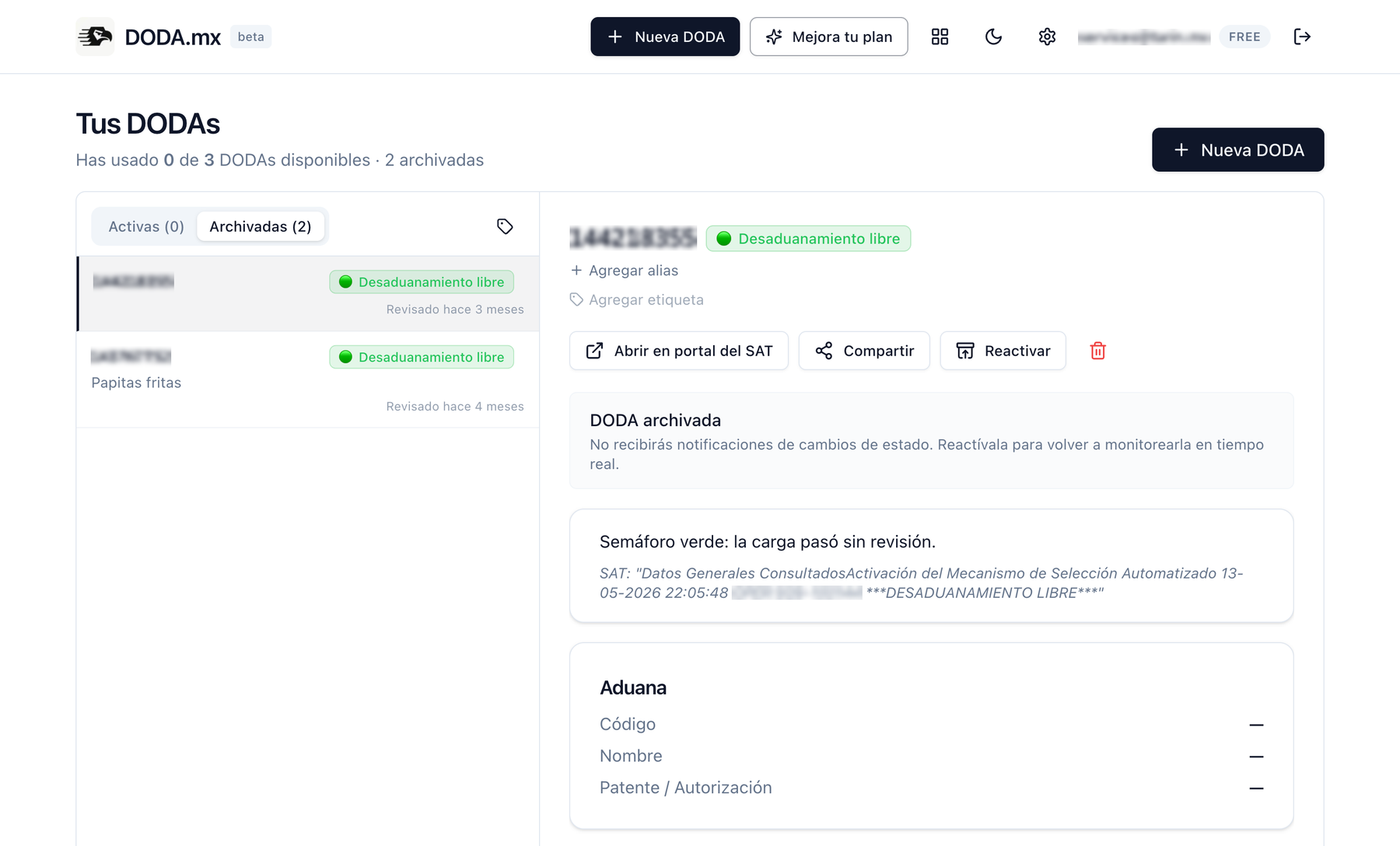 DODA.mx board showing several active DODAs, each with its alias, labels and current SAT status