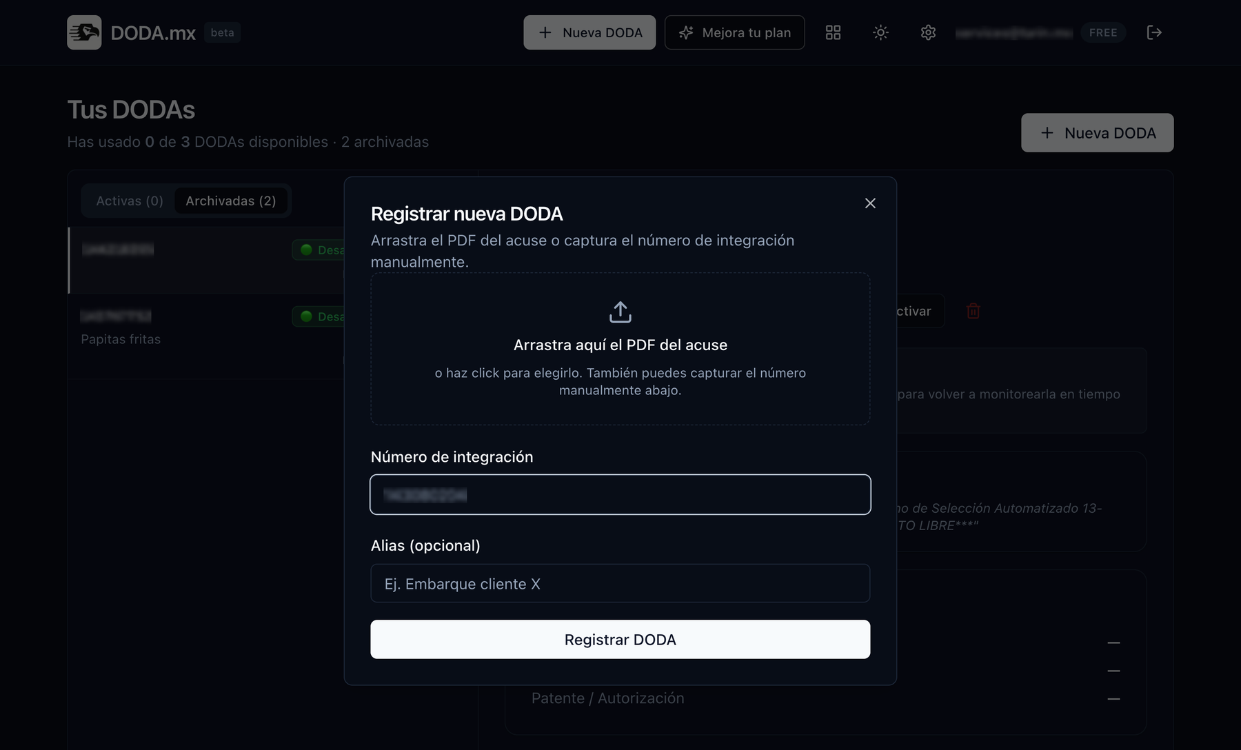 Diálogo de alta en DODA.mx: zona para arrastrar el PDF del acuse y campo para capturar el número de integración a mano