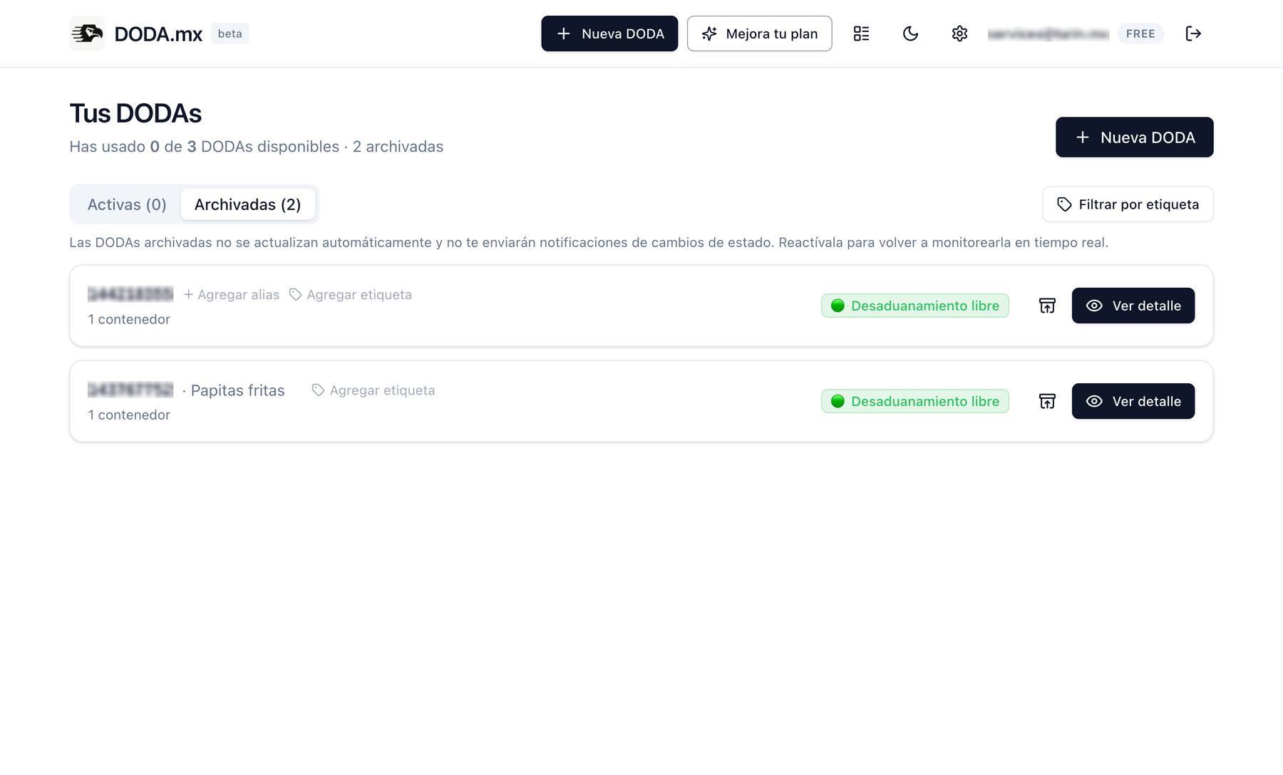 Lista de DODAs registradas en DODA.mx, cada una con su estado y su fecha de última revisión