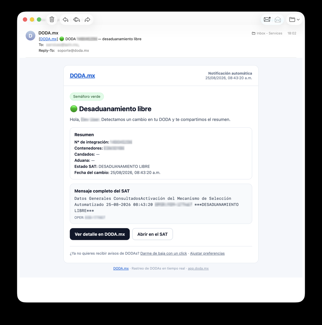 Correo de notificación de DODA.mx con el semáforo verde, el resumen de la operación y el mensaje completo del SAT